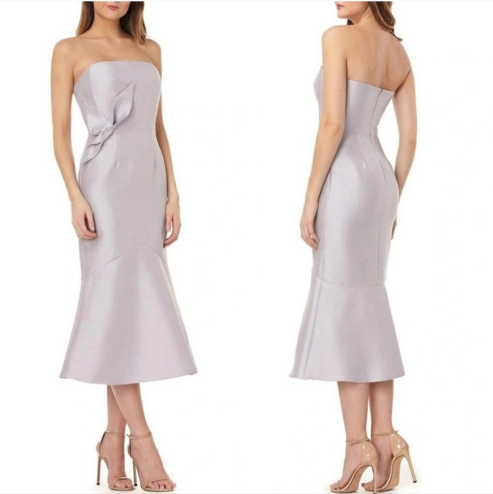 Kay Unger Size 10 Gray Silver Bead Flower Strapless Satin Trumpet Midi Gown NWT